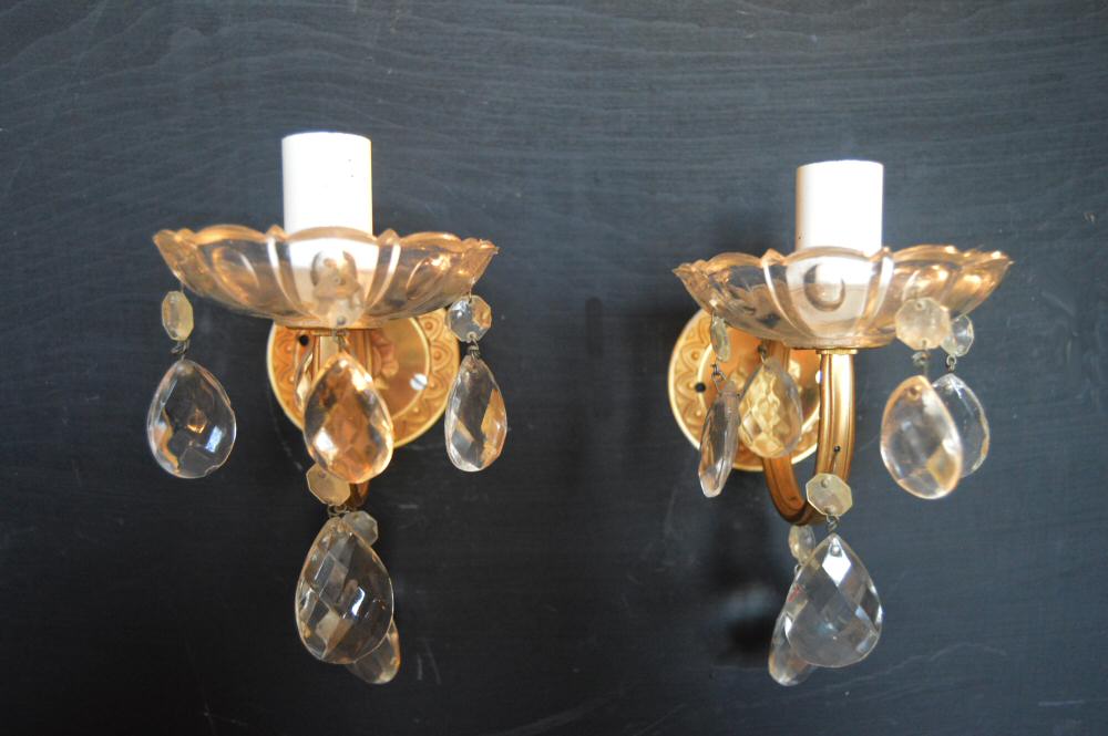 irca 1930 pretty pair of brass and crystal wall lights 