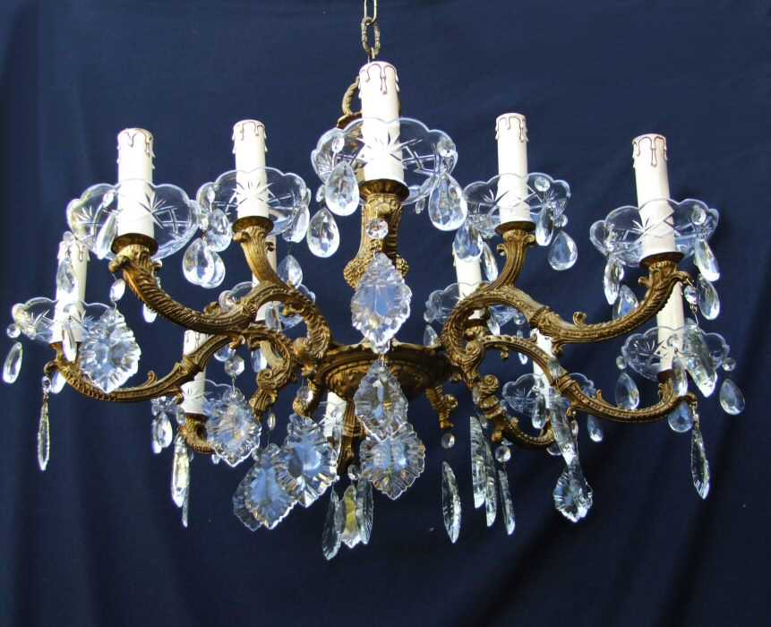 Circa 1930 Brass and Crystal 12 Bulb Chandelier