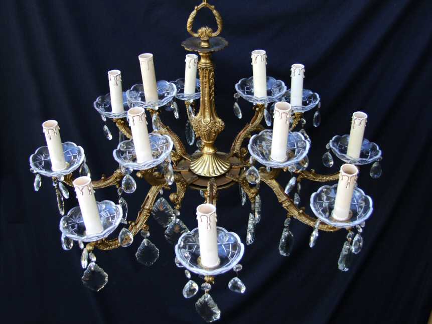 Circa 1930 Large Brass and Crystal 12 Bulb Chandelier