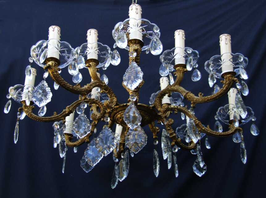 Circa 1930 Brass and Crystal 12 Bulb Chandelier