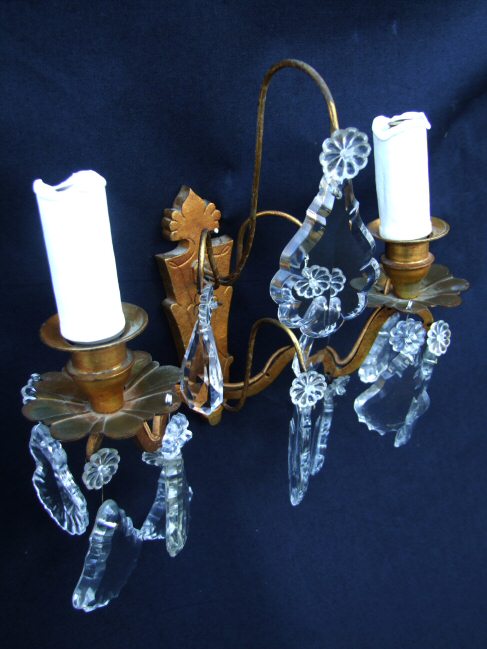 Circa 1900 French Double Armed Brass and Glass Wall Lights