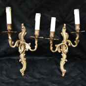 Pair of Mid 20th Century Double Arm Roccoco Style Cast Brass Wall Lights