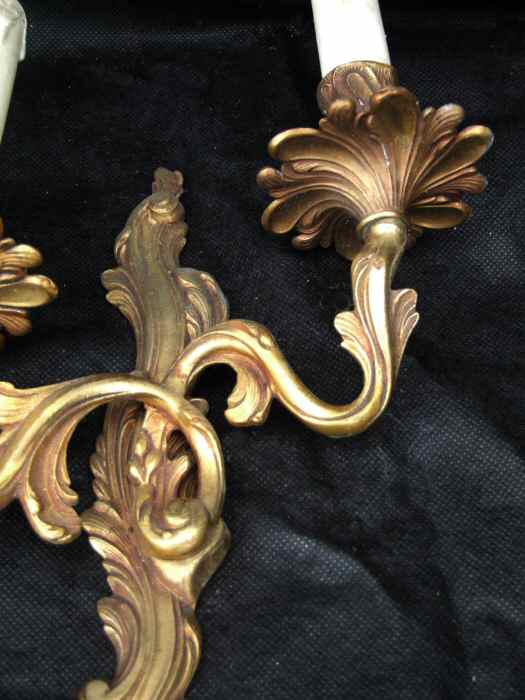 Pair of Mid 20th Century Double Arm Roccoco Style Cast Brass Wall Lights 