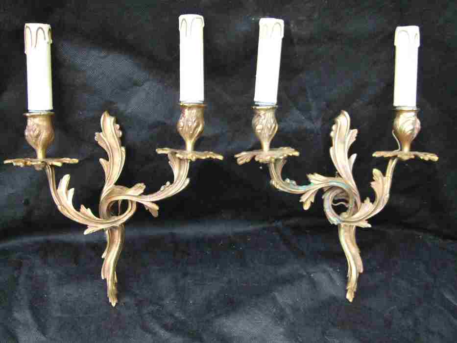 air of Mid 20th Century Double Arm Roccoco Style Cast Brass Wall Lights 