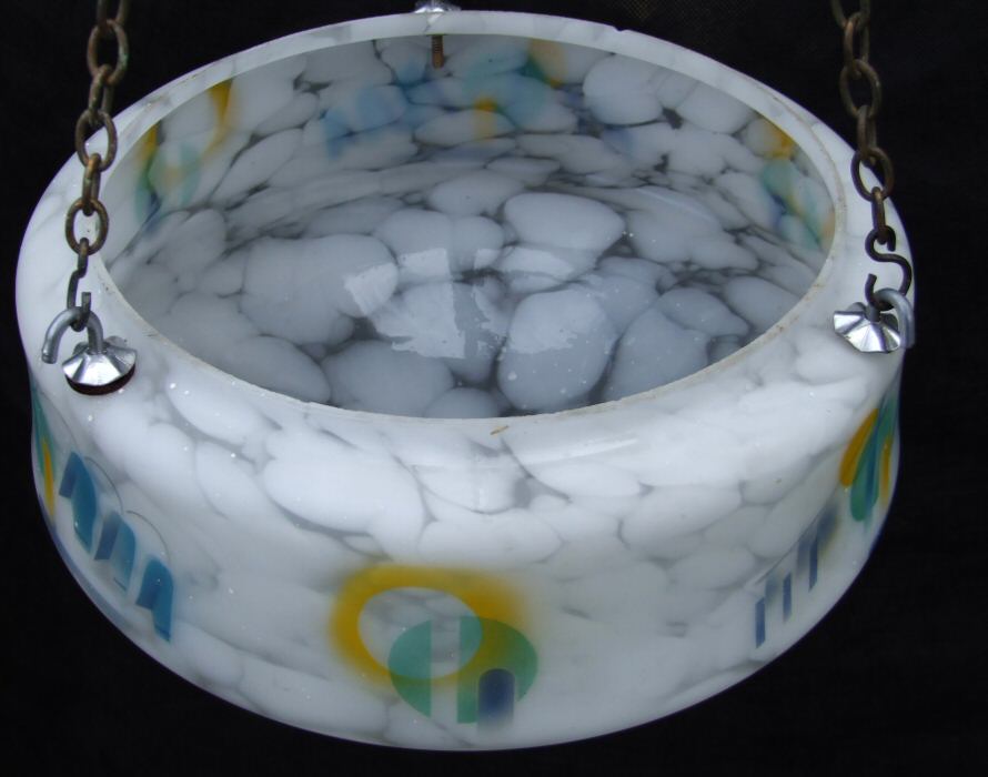 Art Deco Mottled White Ceiling Light with Geometric painted decoration