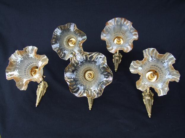 Set of 5 Edwardian Brass Wall Lights with Vaseline Shades